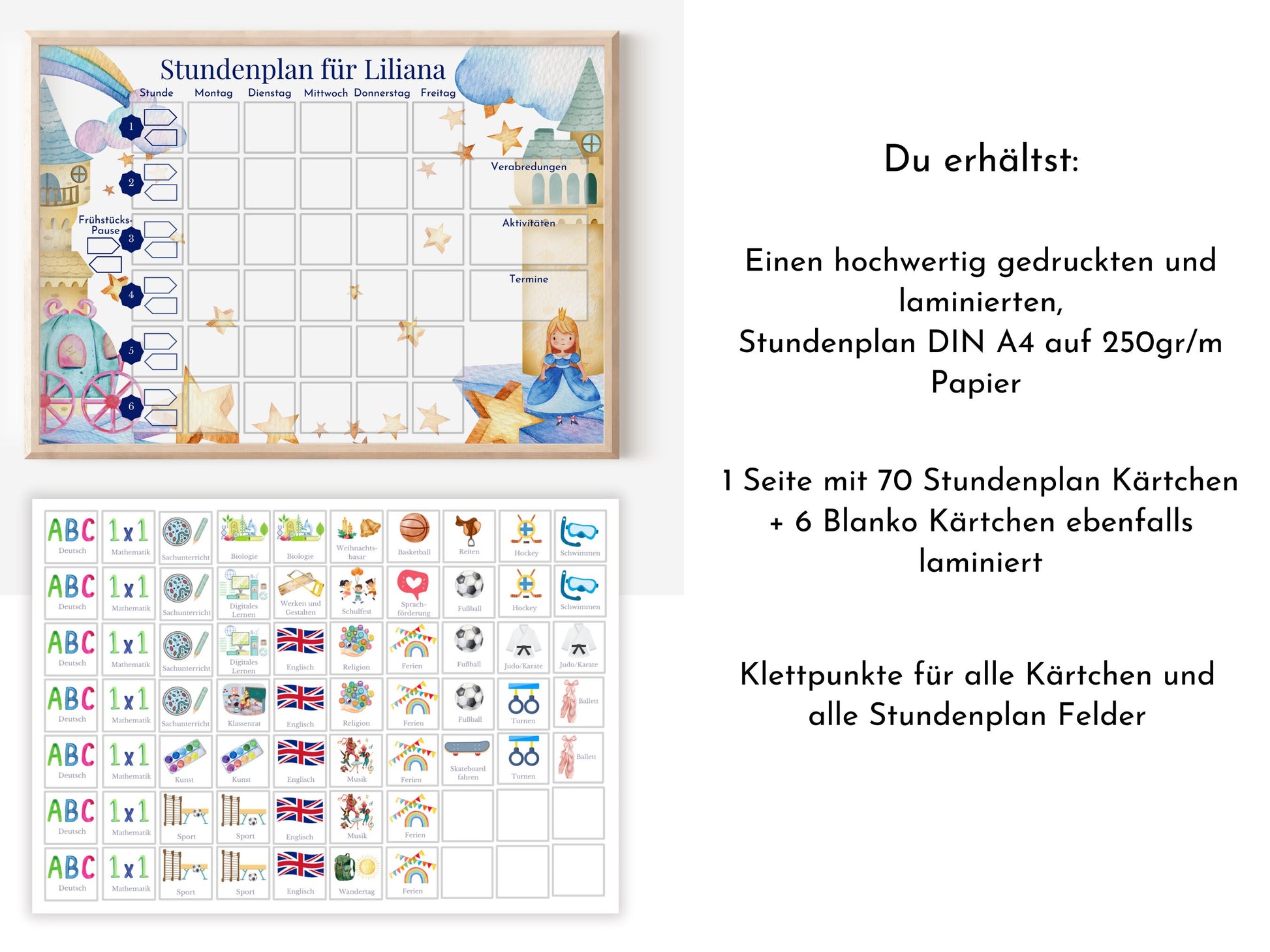 Stundenplan "Prinzessin" 70 Schulfach Kärtchen, personalisiert für die Grundschule, laminiert optional magnetisch, Geschenkidee Einschulung