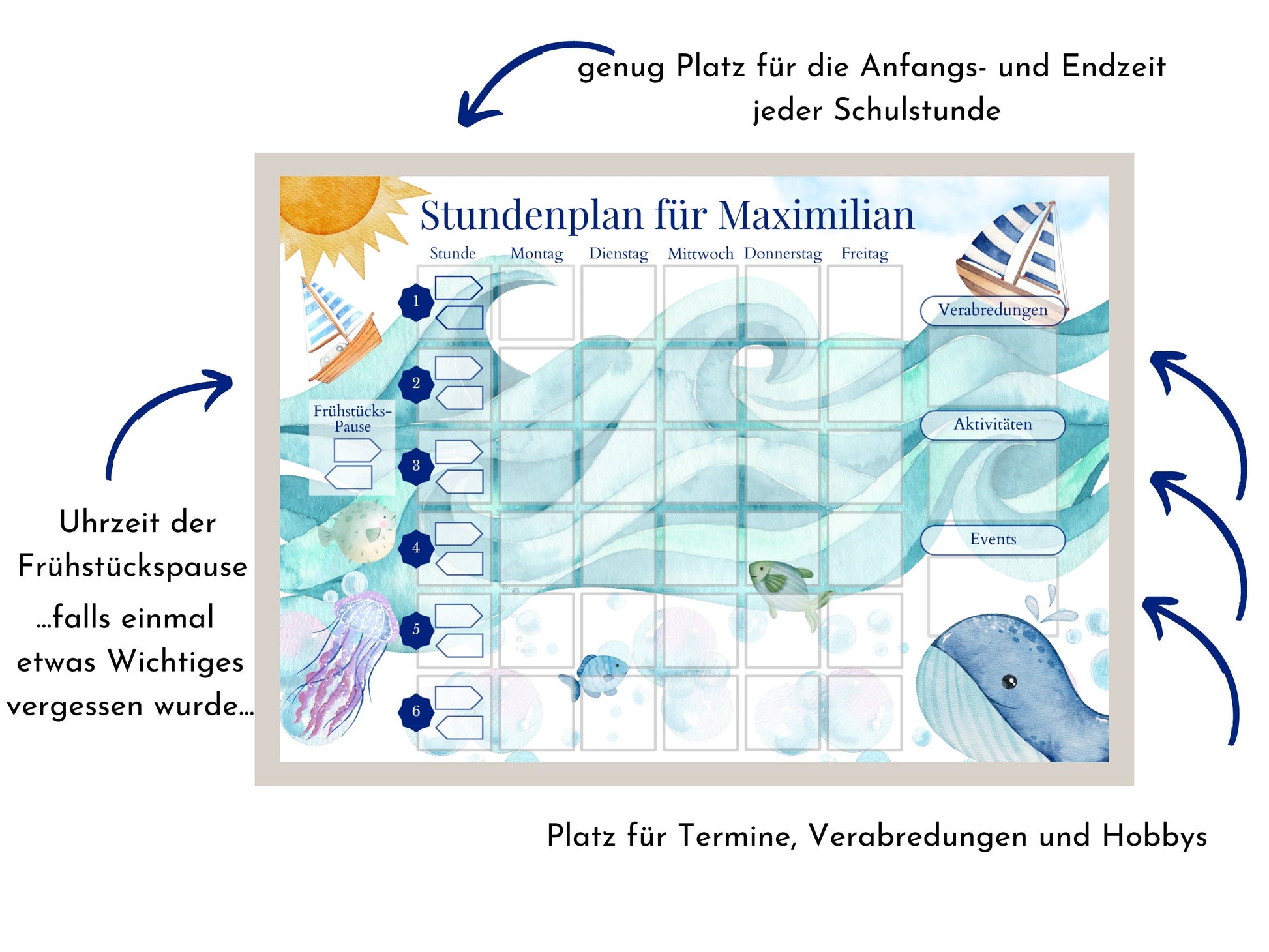 Stundenplan mit 70 Schulfach Kärtchen, personalisiert für die Grundschule, laminiert magnetisch, Geschenkidee Einschulung "Segelboote"