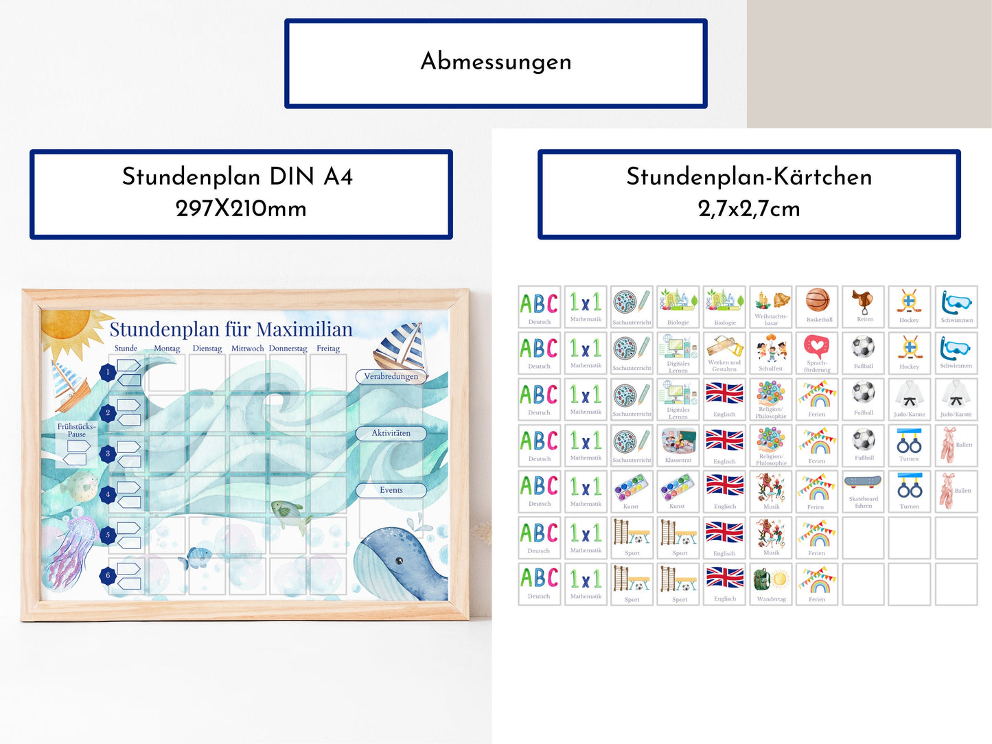 Stundenplan mit 70 Schulfach Kärtchen, personalisiert für die Grundschule, laminiert magnetisch, Geschenkidee Einschulung "Segelboote"