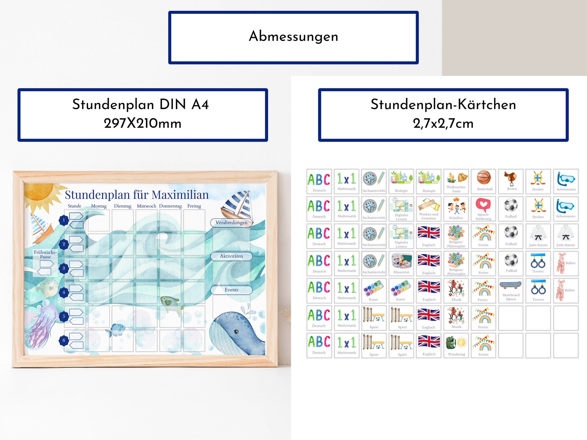 Stundenplan mit 70 Schulfach Kärtchen, personalisiert für die Grundschule, laminiert magnetisch, Geschenkidee Einschulung "Segelboote"