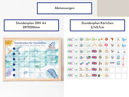 Stundenplan mit 70 Schulfach Kärtchen, personalisiert für die Grundschule, laminiert magnetisch, Geschenkidee Einschulung "Segelboote"