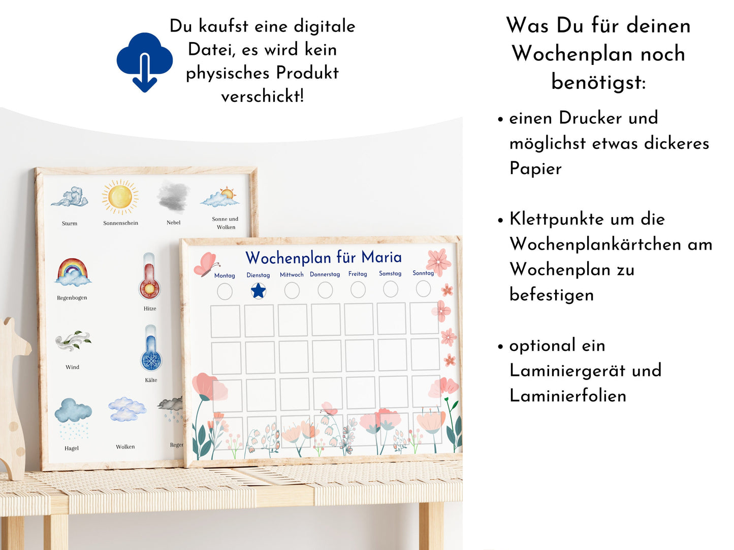 Wochenplan für Kinder, 288 Kärtchen, personalisierbar, PDF Sofort-Download, Geburtstagsgeschenk und zum Verschenken "Floral"