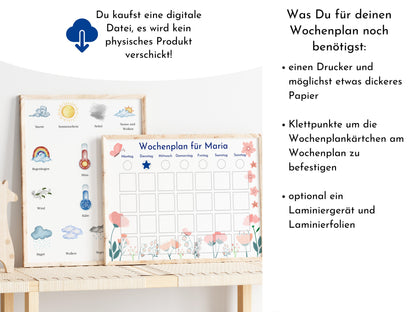 Wochenplan für Kinder, 288 Kärtchen, personalisierbar, PDF Sofort-Download, Geburtstagsgeschenk und zum Verschenken "Floral"