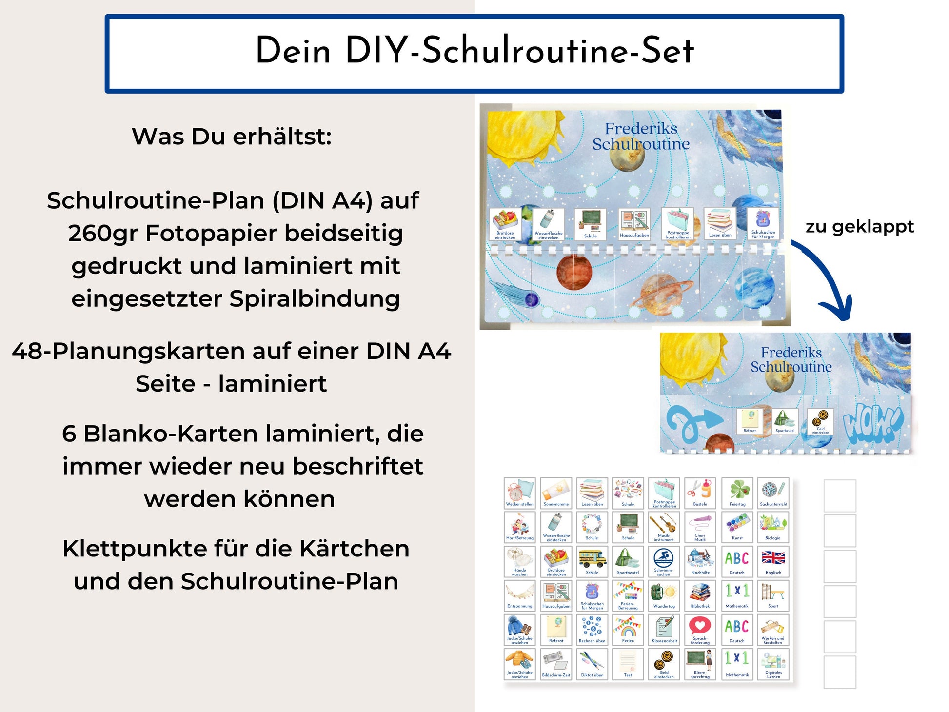 Routineplan "Milchstraße" für Schulkinder, 48 Routine Karten, personalisiert, den Schultag flexibel planen, fördert die Selbstständigkeit