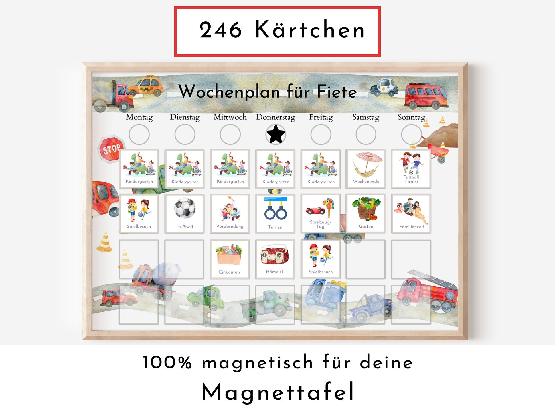 Magnetboard Wochenplan "Autos und Laster" personalisiert für Kinder, 246 Routine Karten, Neodym-Magnete, Routineplan Familie Nordstern