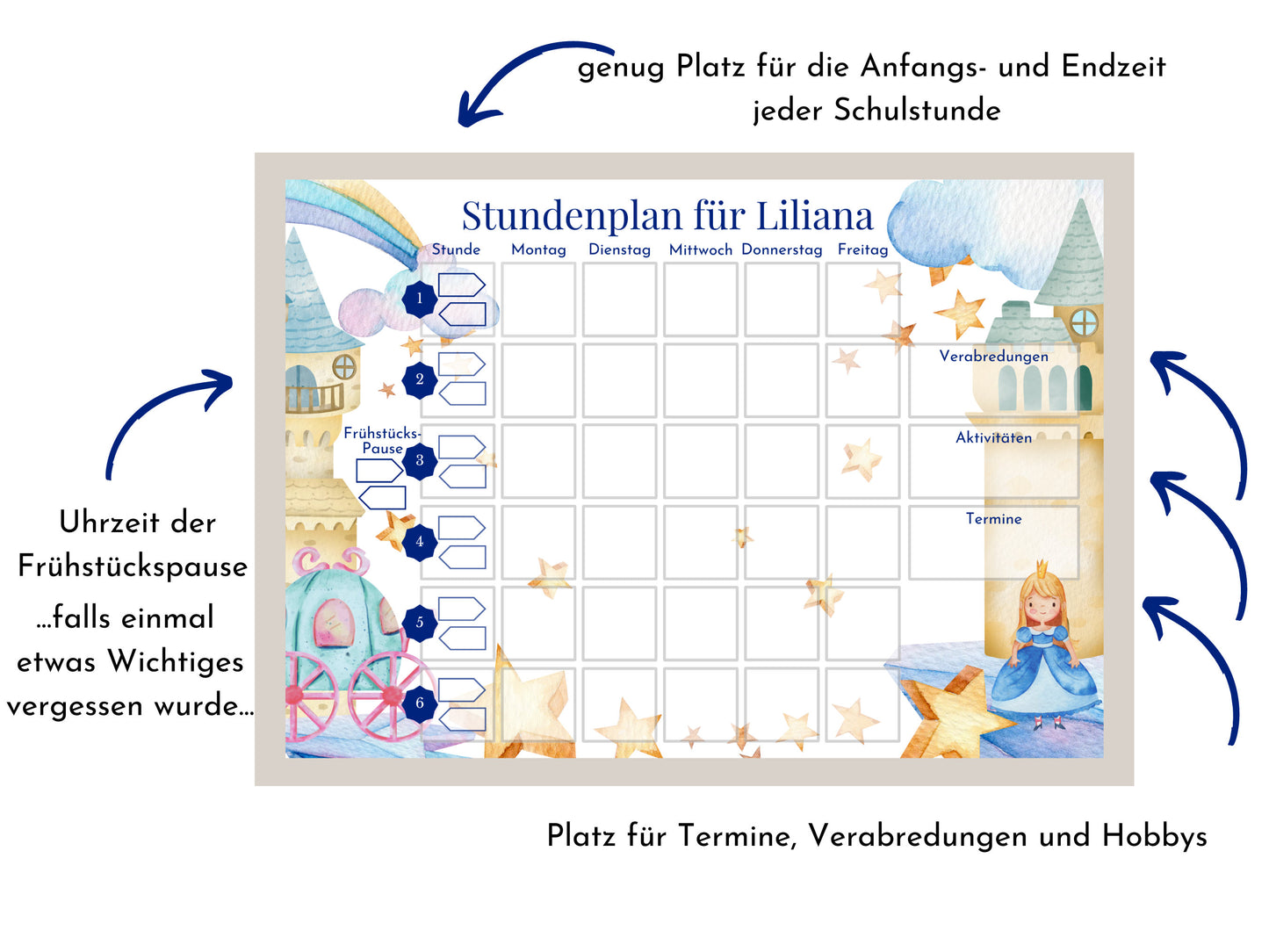 Stundenplan "Prinzessin" 70 Schulfach Kärtchen, personalisiert für die Grundschule, laminiert optional magnetisch, Geschenkidee Einschulung