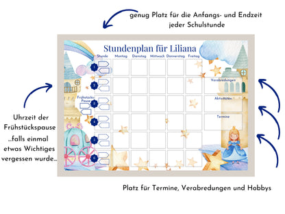 Stundenplan "Prinzessin" 70 Schulfach Kärtchen, personalisiert für die Grundschule, laminiert optional magnetisch, Geschenkidee Einschulung