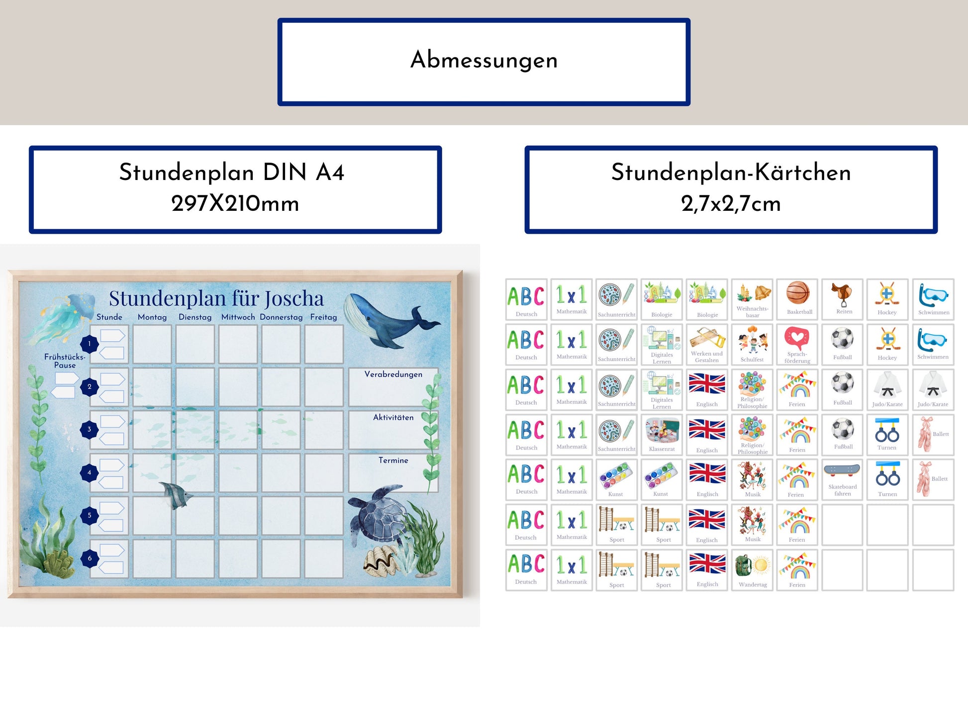 Stundenplan "Meerestiere" personalisiert, 70 Schulfach-Kärtchen für die Grundschule, wiederverwendbar, magnetisch, Geschenkidee Einschulung