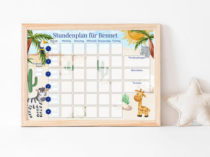 Grundschul-Stundenplan "Zebra und Giraffe" für die erste Klasse mit 70 Schulfach Karten, laminiert, magnetisch, Geschenkidee Einschulung