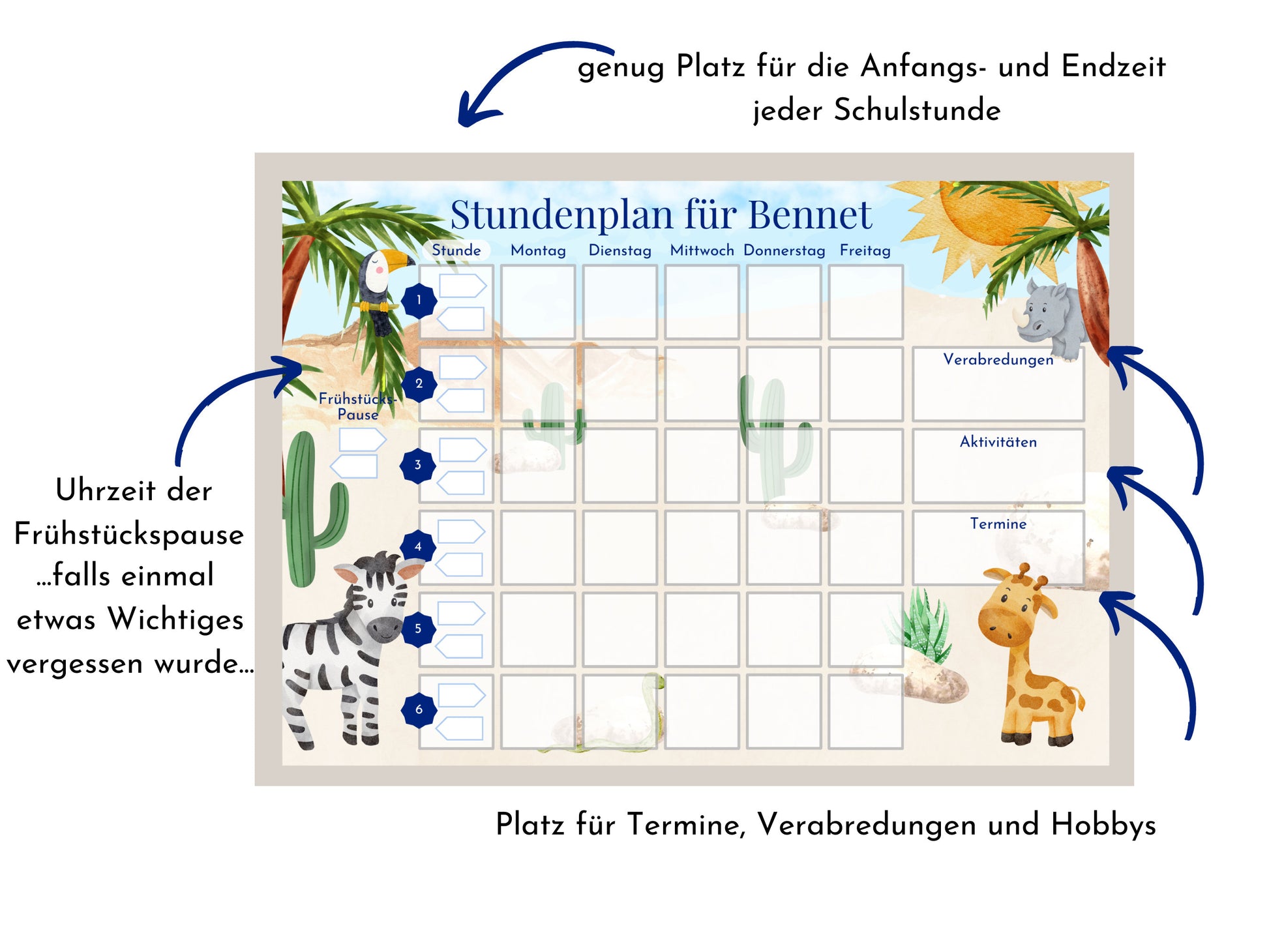 Grundschul-Stundenplan "Zebra und Giraffe" für die erste Klasse mit 70 Schulfach Karten, laminiert, magnetisch, Geschenkidee Einschulung