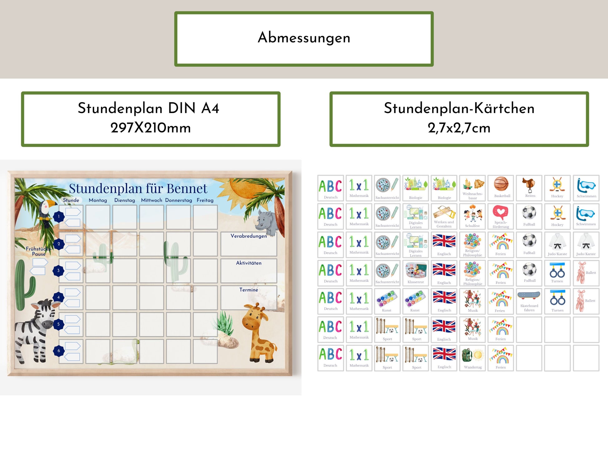 Grundschul-Stundenplan "Zebra und Giraffe" für die erste Klasse mit 70 Schulfach Karten, laminiert, magnetisch, Geschenkidee Einschulung