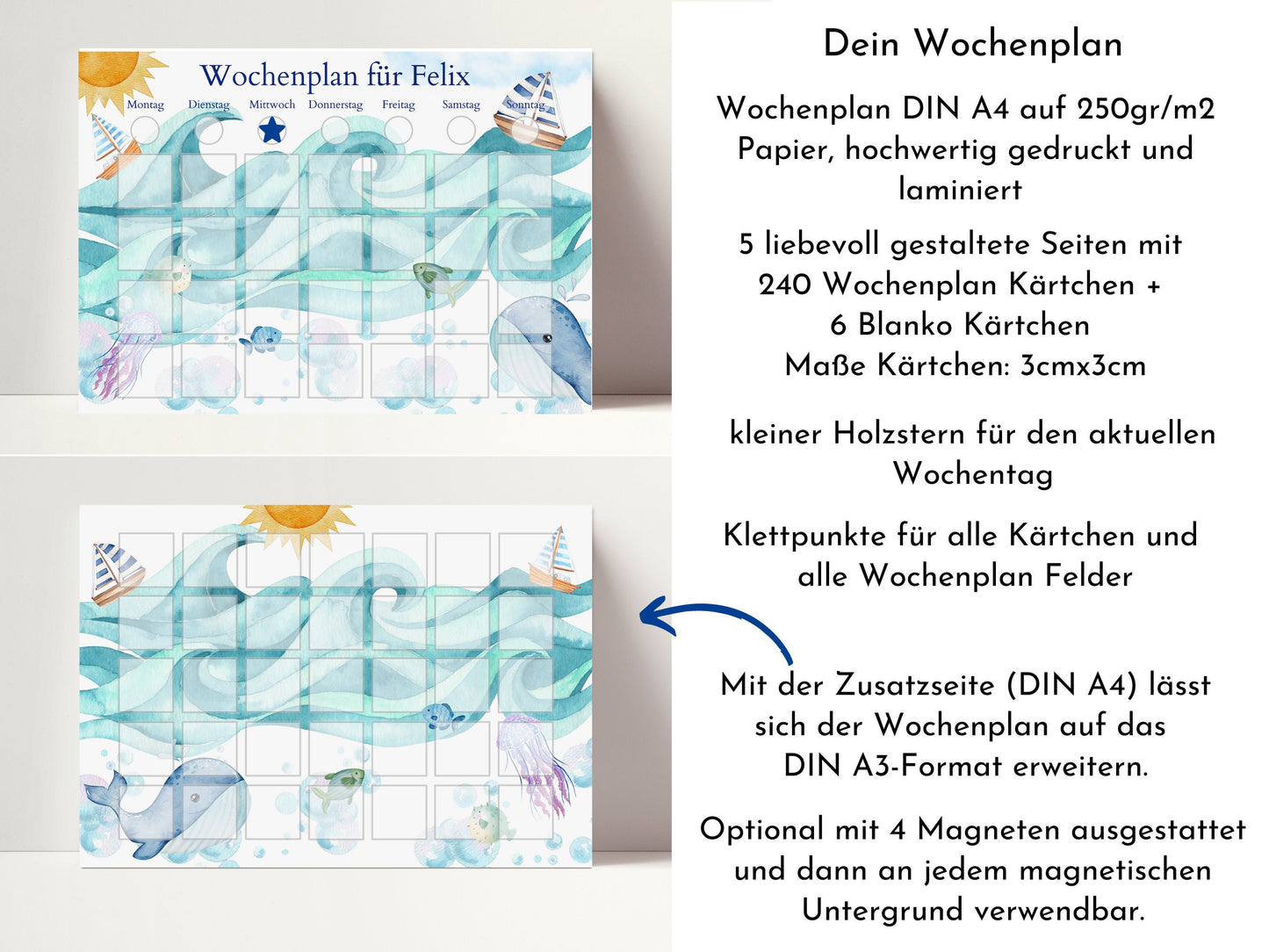 Wochenplan "Segelboote" für Kinder mit 246 Routine Karten, Routineplan personalisiert laminiert magnetisch, Geschenkidee Geburtstag Kinder