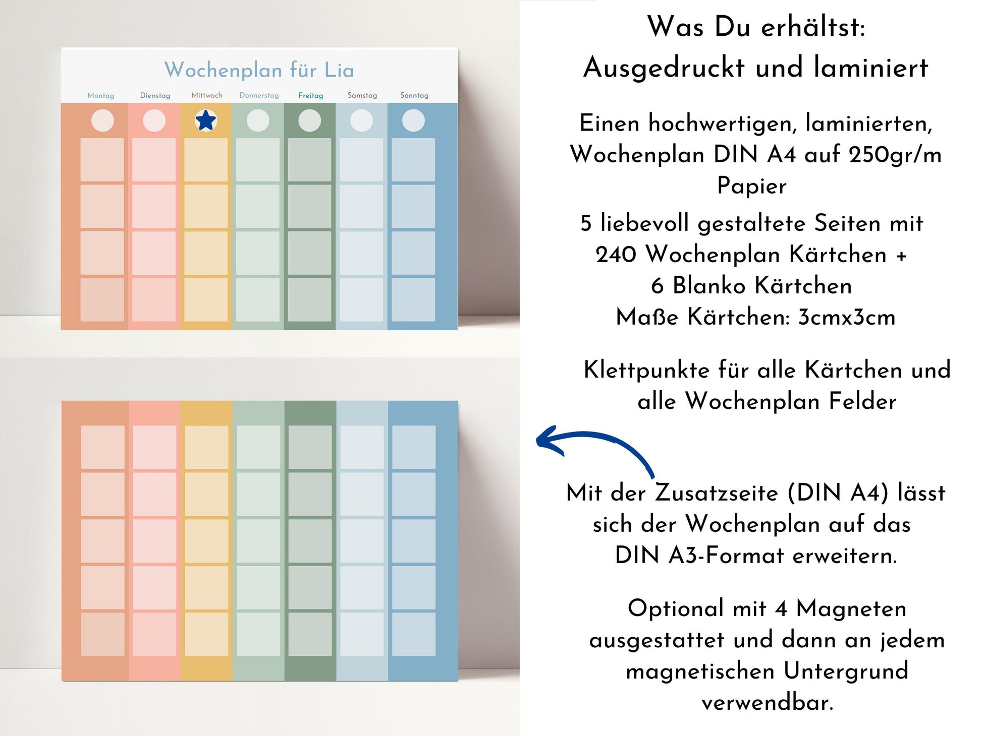 Wochenplan "Himmel und Erde" mit Name personalisiert, 246 Routine Karten, laminiert magnetisch, Routineplan für Kinder und Jugendliche