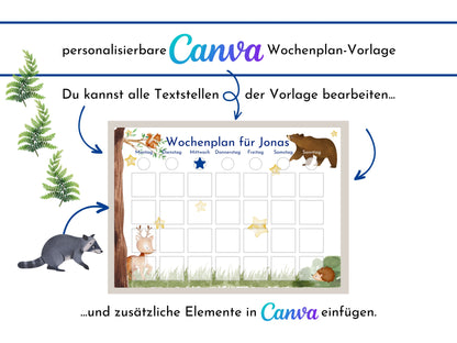 Wochenplan "Bär und Reh" für Kinder, 288 Wochenkarten, Montessori Routineplan als Sofort-Download, personalisierbares Canva-Printable