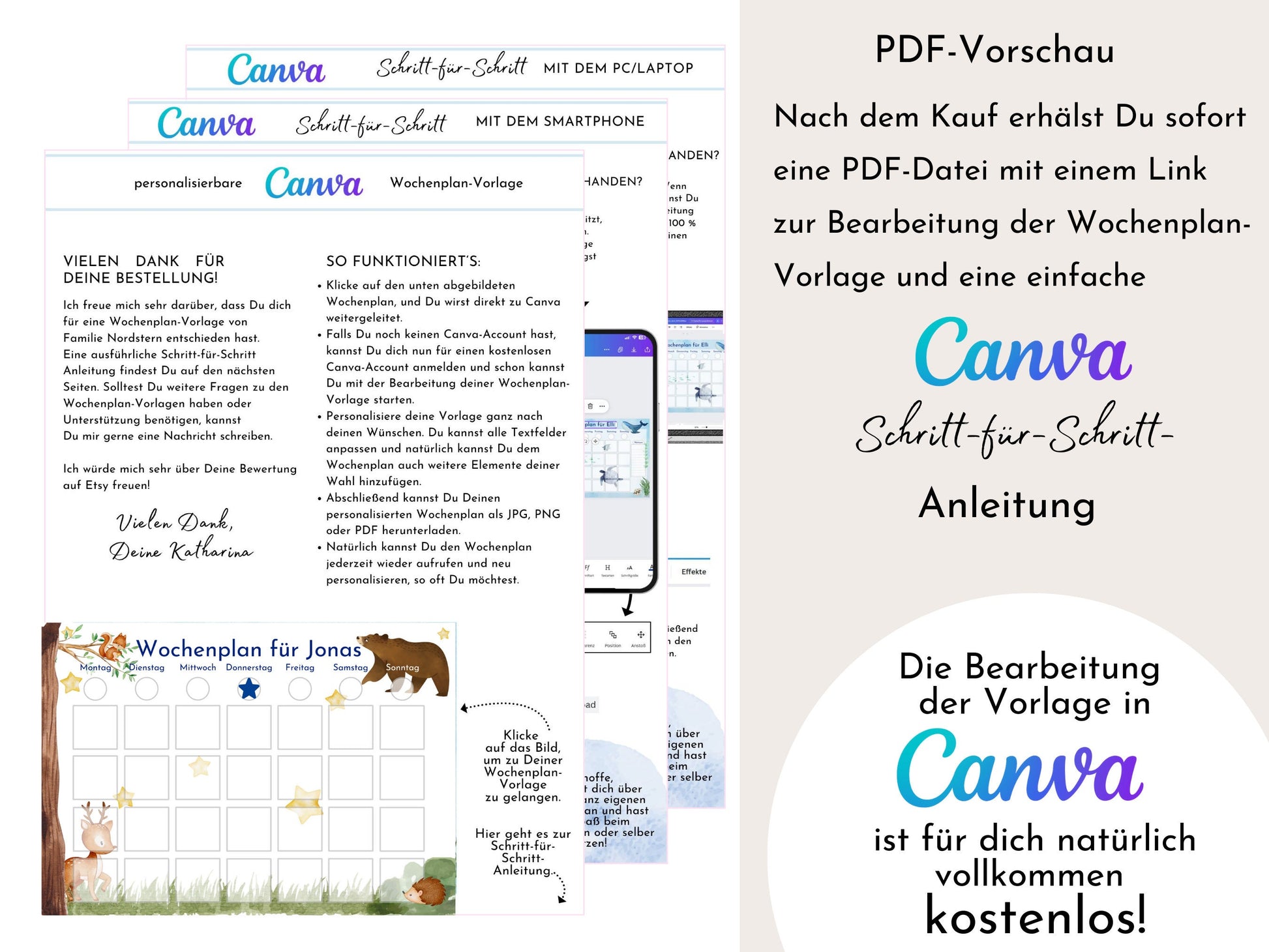 Wochenplan "Bär und Reh" für Kinder, 288 Wochenkarten, Montessori Routineplan als Sofort-Download, personalisierbares Canva-Printable