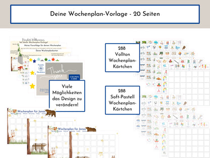 Wochenplan "Bär und Reh" für Kinder, 288 Wochenkarten, Montessori Routineplan als Sofort-Download, personalisierbares Canva-Printable