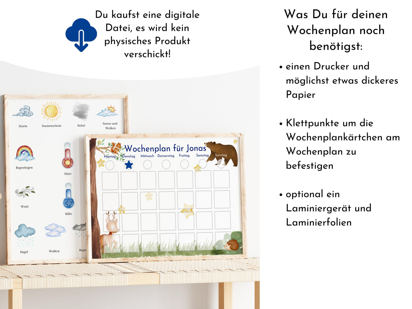 Wochenplan "Bär und Reh" für Kinder, 288 Wochenkarten, Montessori Routineplan als Sofort-Download, personalisierbares Canva-Printable