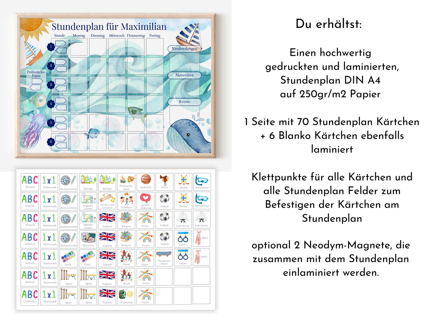 Stundenplan mit 70 Schulfach Kärtchen, personalisiert für die Grundschule, laminiert magnetisch, Geschenkidee Einschulung "Segelboote"