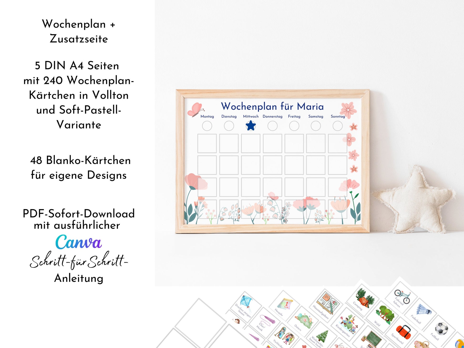 Wochenplan für Kinder, 288 Kärtchen, personalisierbar, PDF Sofort-Download, Geburtstagsgeschenk und zum Verschenken "Floral"