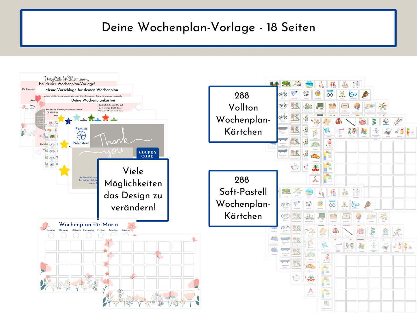 Wochenplan für Kinder, 288 Kärtchen, personalisierbar, PDF Sofort-Download, Geburtstagsgeschenk und zum Verschenken "Floral"