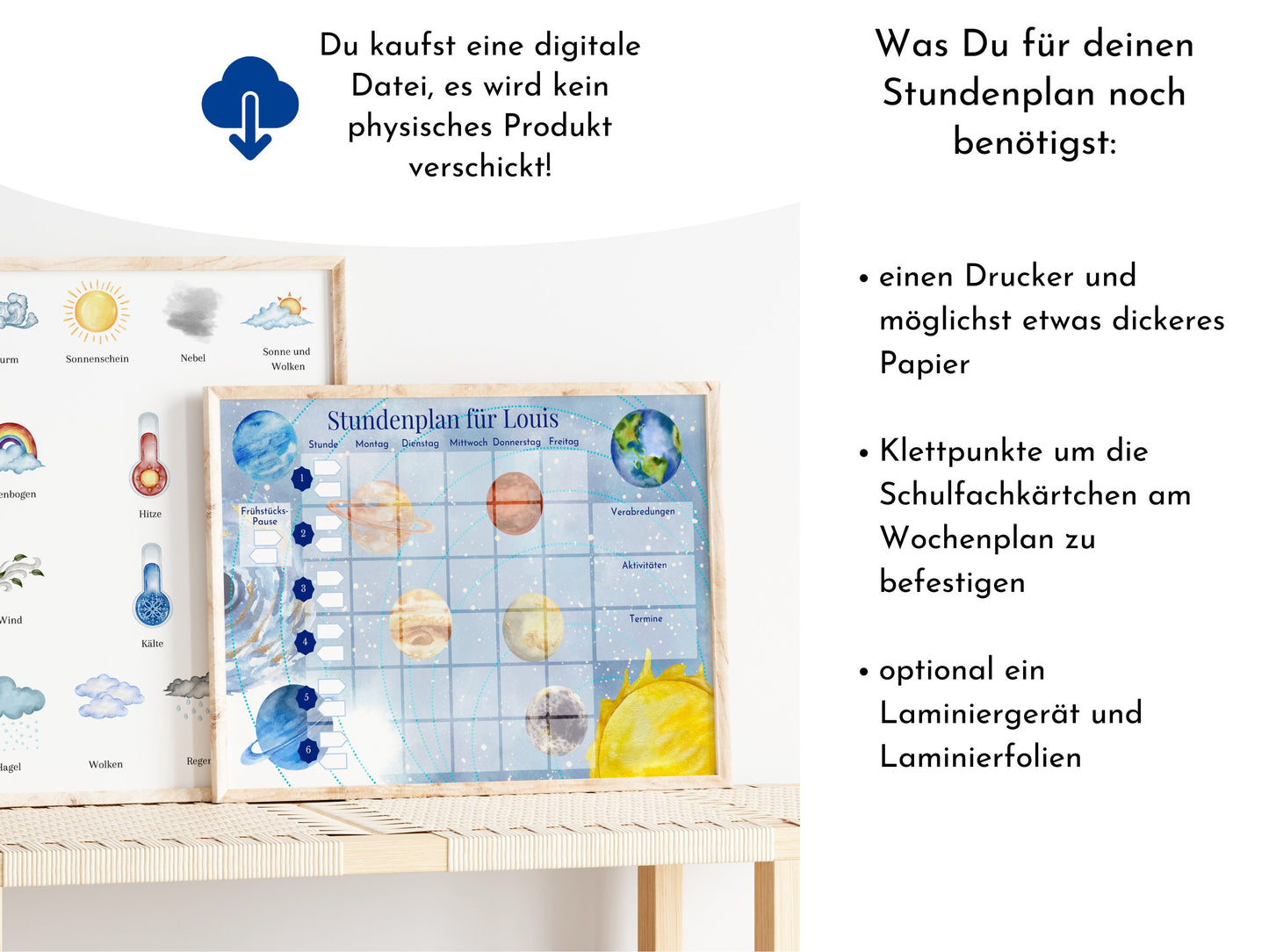 Stundenplan "Milchstraße" für die Grundschule mit Schulfach Bildkarten für Kinder, 70 Schulfachkarten zum Ausdrucken, Sofort-Download