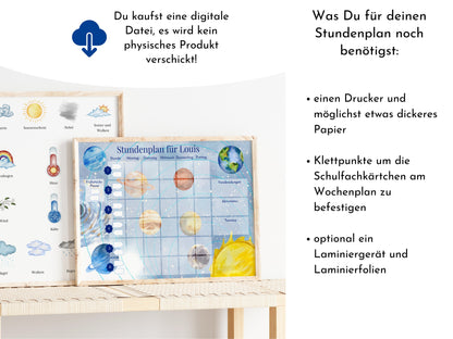 Stundenplan "Milchstraße" für die Grundschule mit Schulfach Bildkarten für Kinder, 70 Schulfachkarten zum Ausdrucken, Sofort-Download