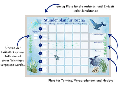 Stundenplan "Meerestiere" personalisiert, 70 Schulfach-Kärtchen für die Grundschule, wiederverwendbar, magnetisch, Geschenkidee Einschulung
