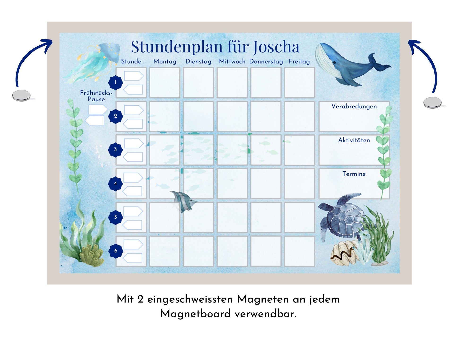 Stundenplan "Meerestiere" personalisiert, 70 Schulfach-Kärtchen für die Grundschule, wiederverwendbar, magnetisch, Geschenkidee Einschulung