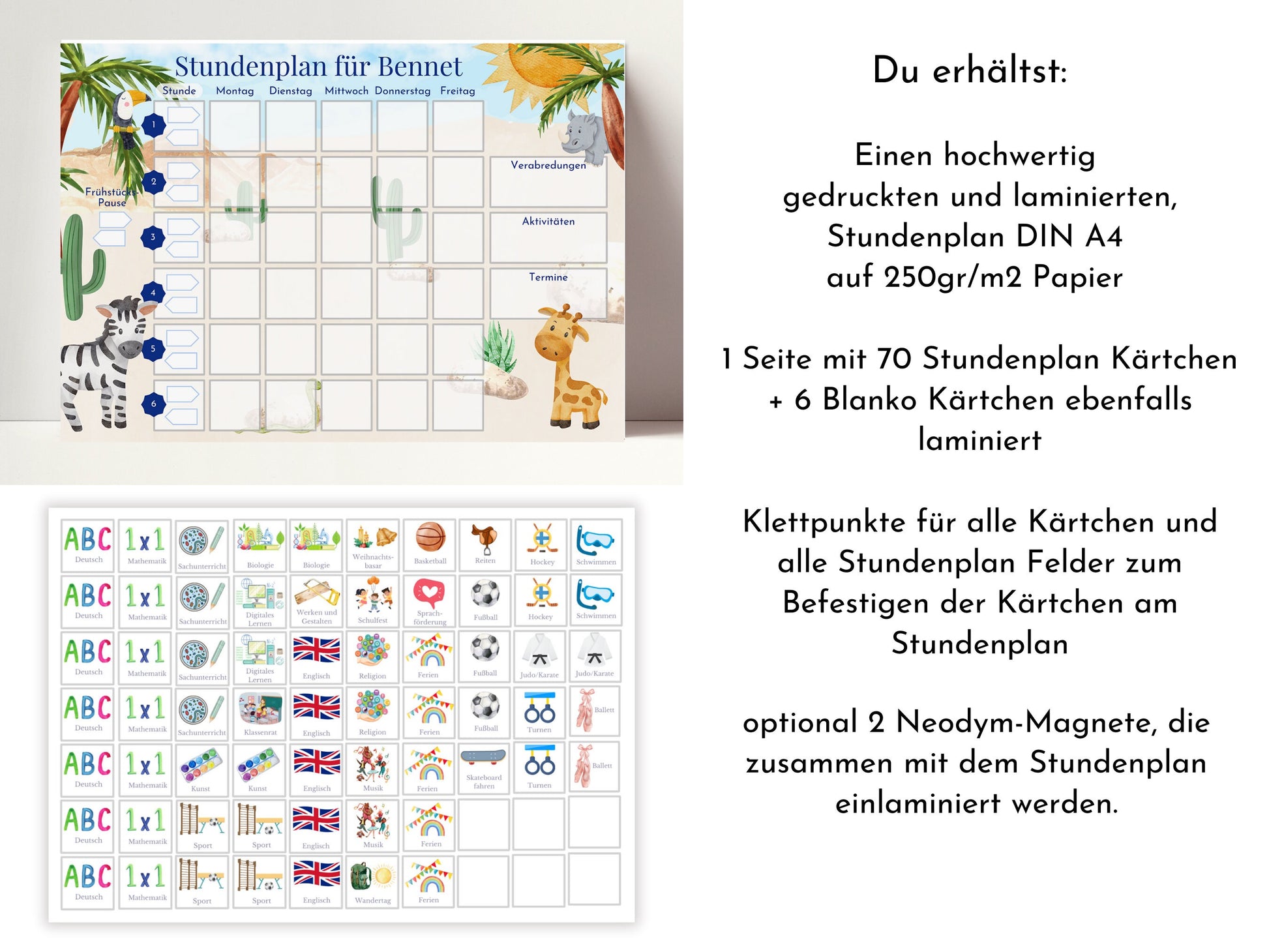 Grundschul-Stundenplan "Zebra und Giraffe" für die erste Klasse mit 70 Schulfach Karten, laminiert, magnetisch, Geschenkidee Einschulung