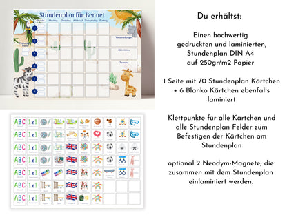 Grundschul-Stundenplan "Zebra und Giraffe" für die erste Klasse mit 70 Schulfach Karten, laminiert, magnetisch, Geschenkidee Einschulung