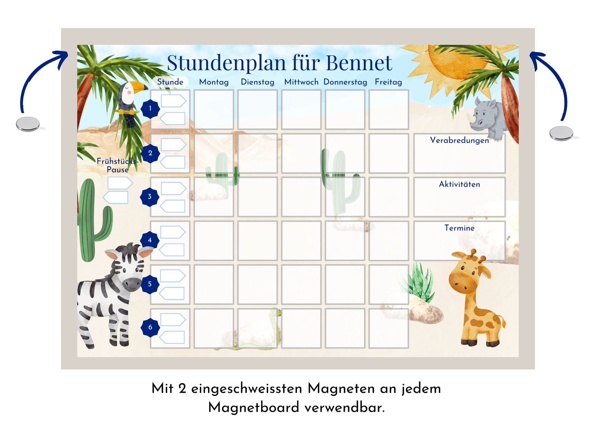 Grundschul-Stundenplan "Zebra und Giraffe" für die erste Klasse mit 70 Schulfach Karten, laminiert, magnetisch, Geschenkidee Einschulung