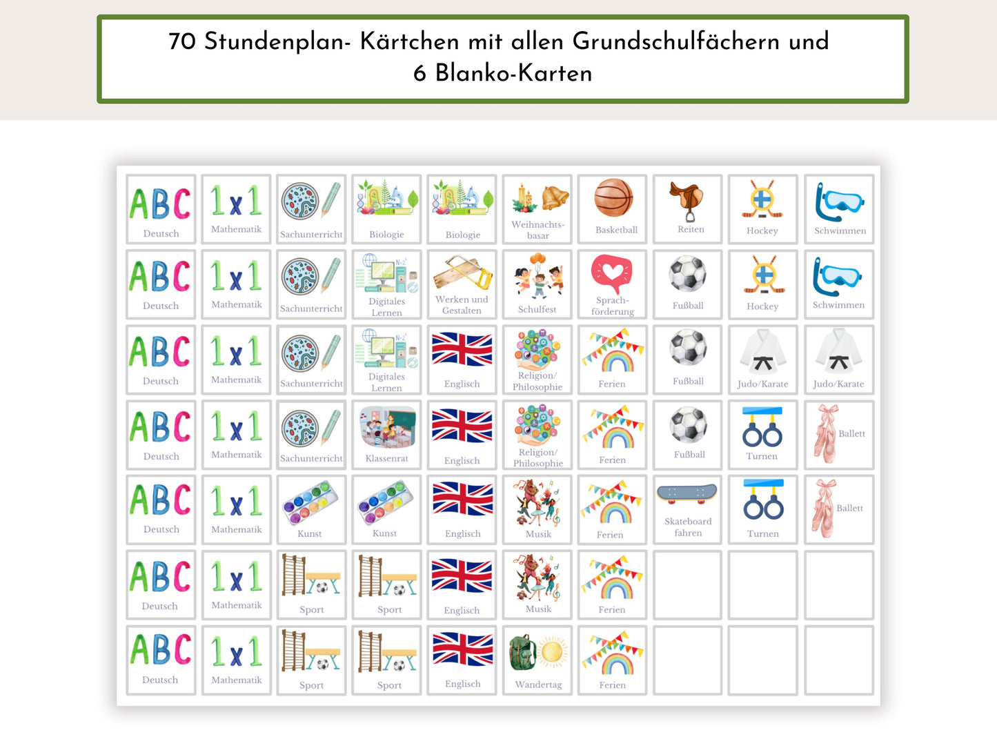 Grundschul-Stundenplan "Zebra und Giraffe" für die erste Klasse mit 70 Schulfach Karten, laminiert, magnetisch, Geschenkidee Einschulung