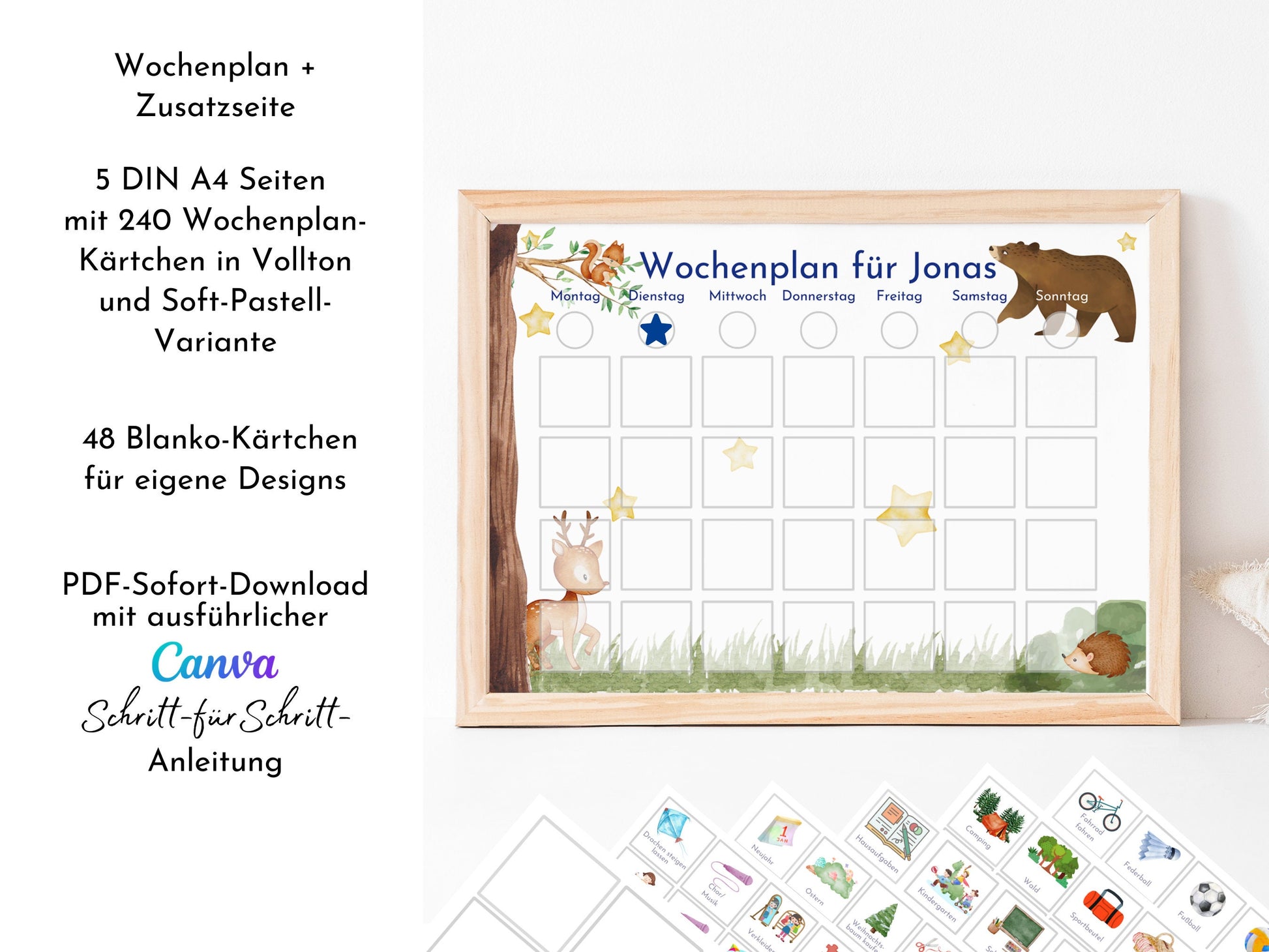 Wochenplan "Bär und Reh" für Kinder, 288 Wochenkarten, Montessori Routineplan als Sofort-Download, personalisierbares Canva-Printable