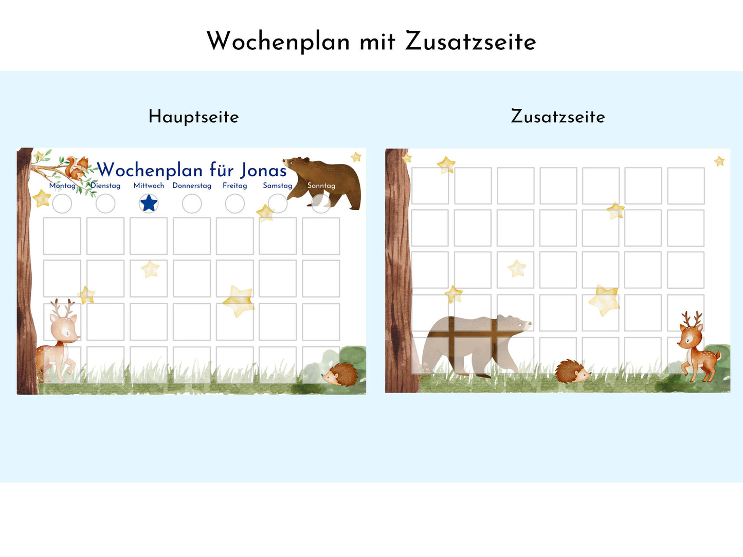 Wochenplan "Bär und Reh" für Kinder, 288 Wochenkarten, Montessori Routineplan als Sofort-Download, personalisierbares Canva-Printable