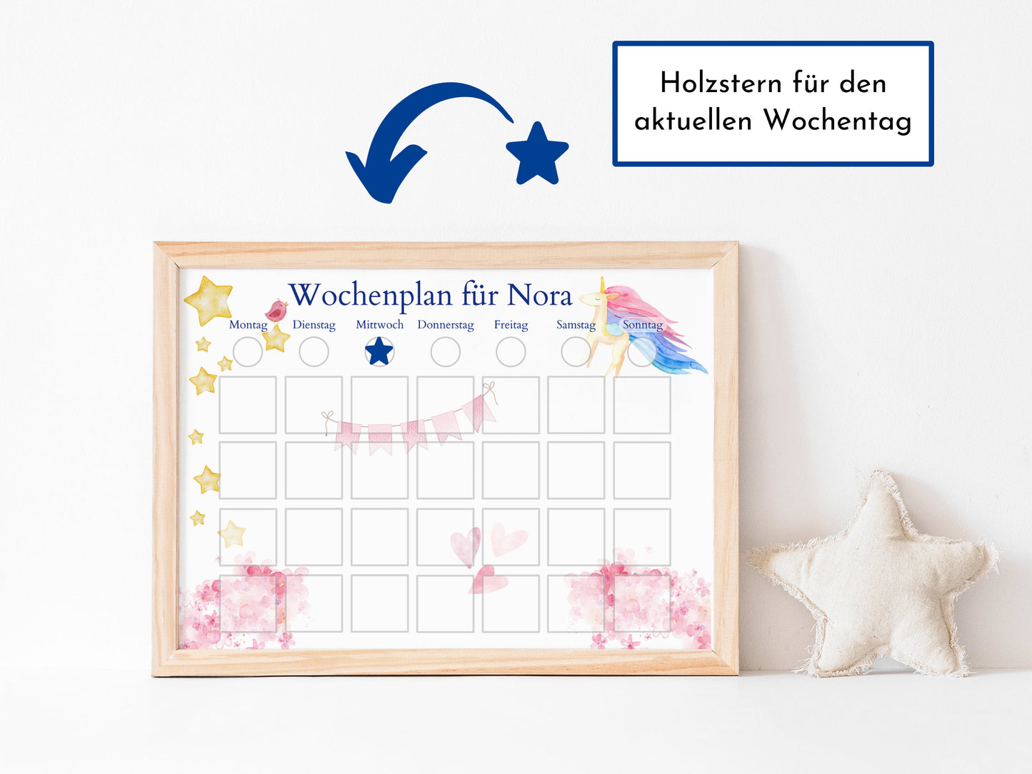 Wochenplan "Einhorn" personalisiert für Kinder, Routineplan mit 246 Routine Karten, laminiert magnetisch, Geschenkidee Geburtstag Kinder