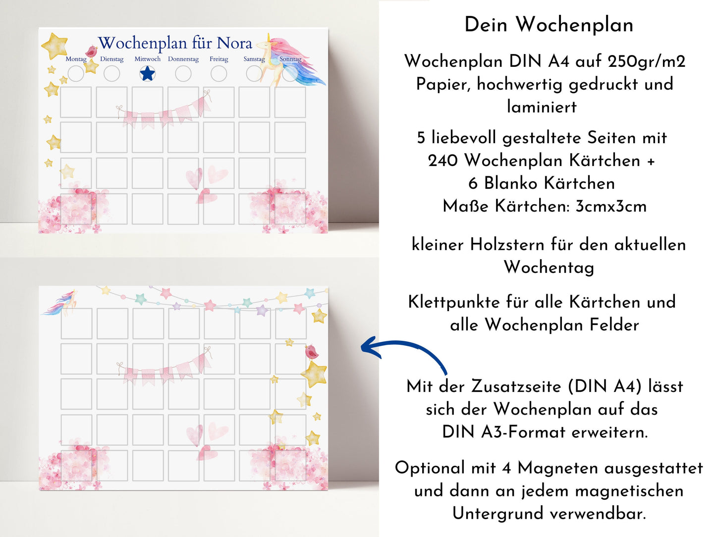 Wochenplan "Einhorn" personalisiert für Kinder, Routineplan mit 246 Routine Karten, laminiert magnetisch, Geschenkidee Geburtstag Kinder