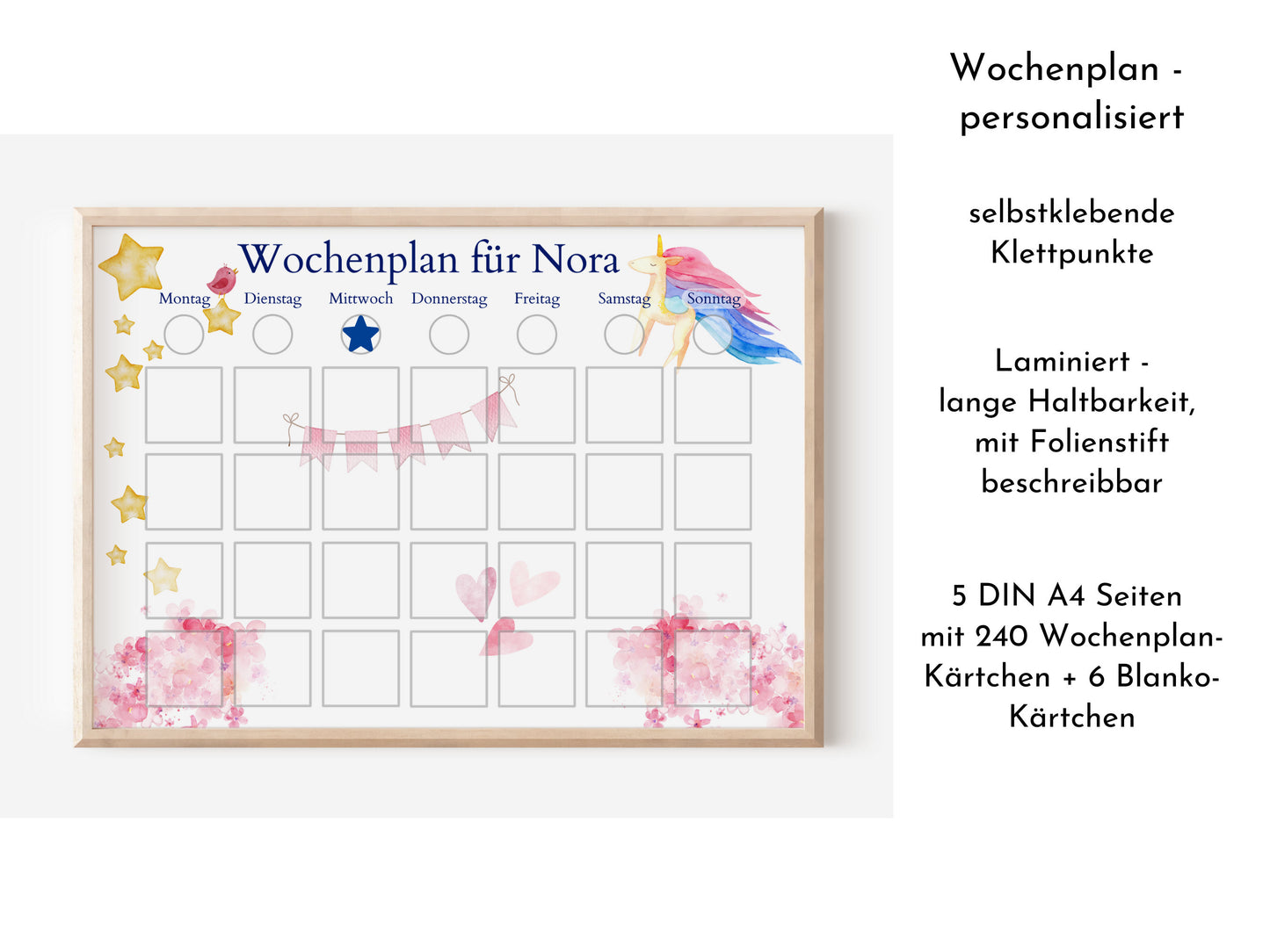 Wochenplan "Einhorn" personalisiert für Kinder, Routineplan mit 246 Routine Karten, laminiert magnetisch, Geschenkidee Geburtstag Kinder