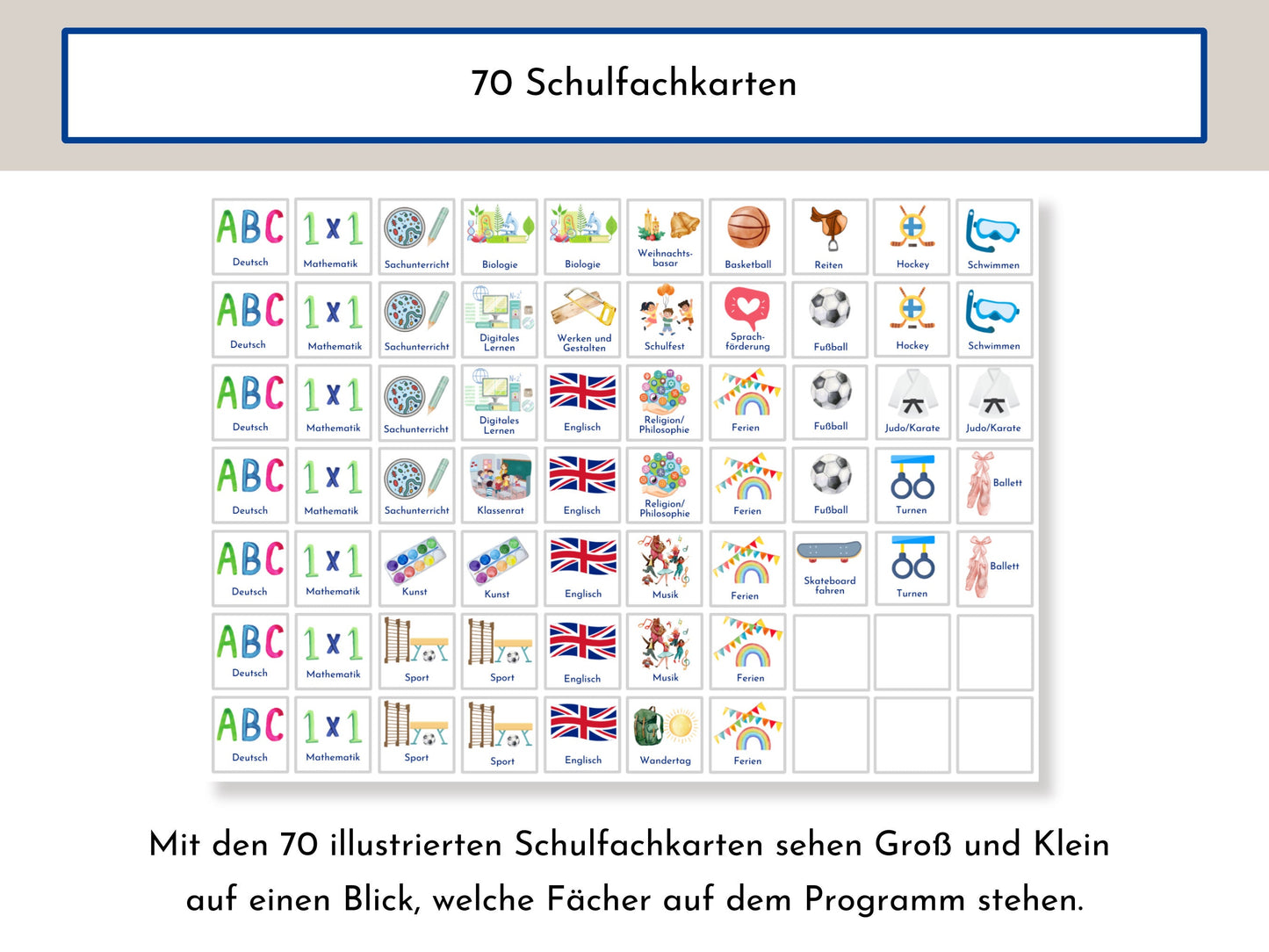 Stundenplan "Milchstraße" für die Grundschule mit Schulfach Bildkarten für Kinder, 70 Schulfachkarten zum Ausdrucken, Sofort-Download