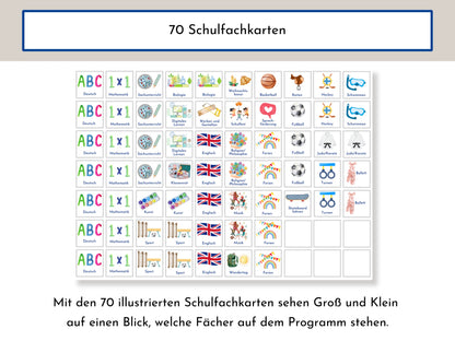 Stundenplan "Milchstraße" für die Grundschule mit Schulfach Bildkarten für Kinder, 70 Schulfachkarten zum Ausdrucken, Sofort-Download