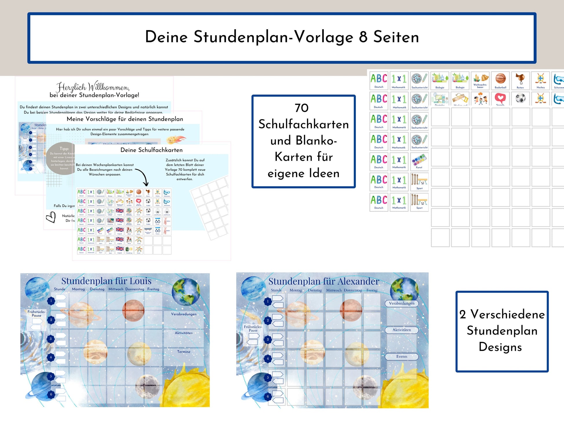 Stundenplan "Milchstraße" für die Grundschule mit Schulfach Bildkarten für Kinder, 70 Schulfachkarten zum Ausdrucken, Sofort-Download