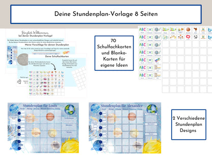 Stundenplan "Milchstraße" für die Grundschule mit Schulfach Bildkarten für Kinder, 70 Schulfachkarten zum Ausdrucken, Sofort-Download