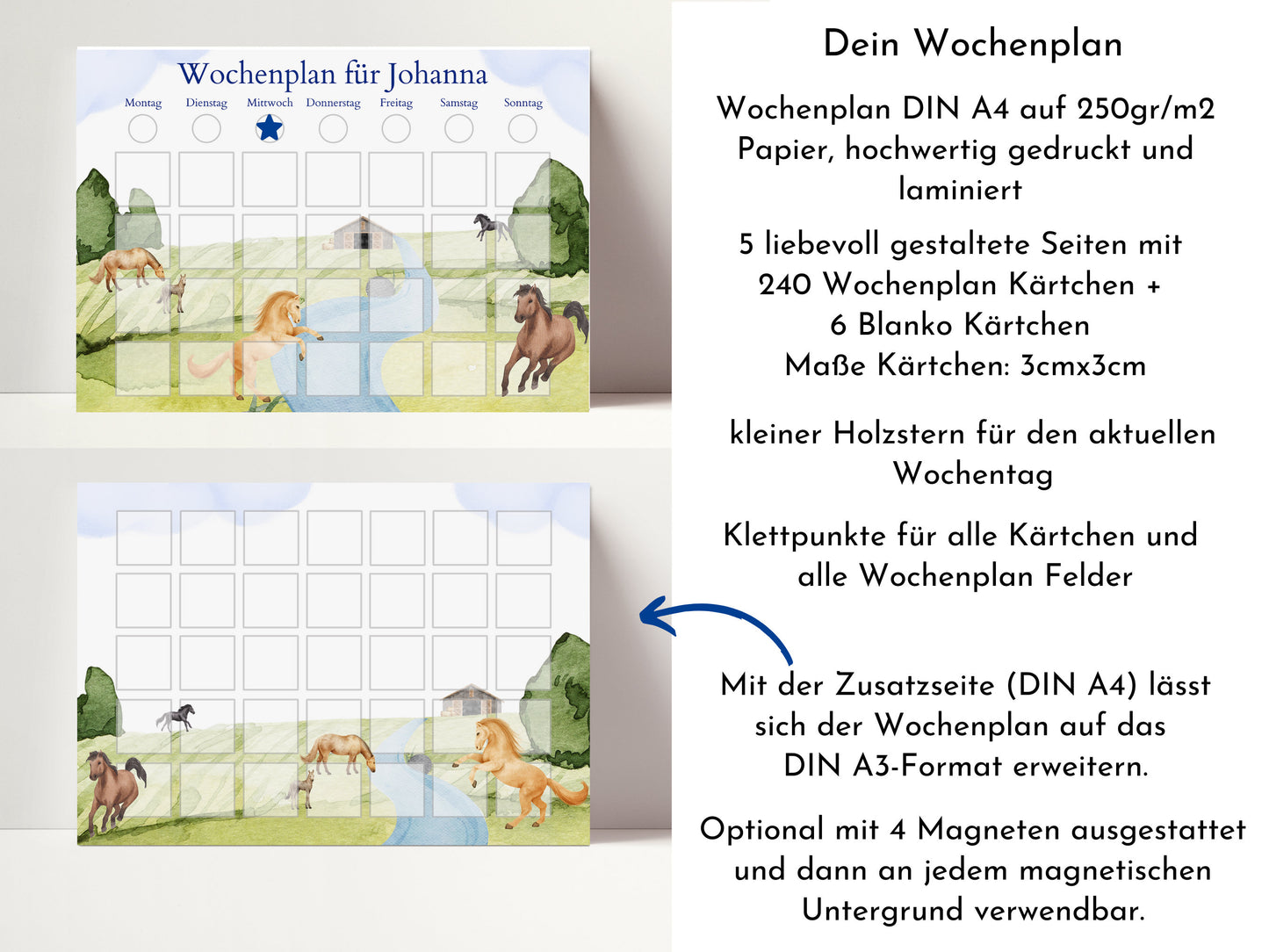 Personalisierter Wochenplan "Pferde" nach Montessori für Kinder mit 246 Routine Karten, Routineplan mit Bildkarten