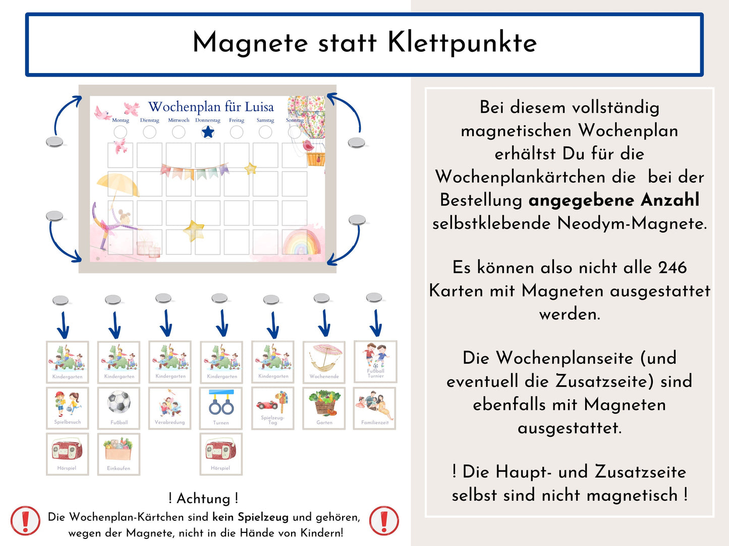 Magnetboard Wochenplan "Ballett" personalisiert für Kinder, 246 Routine Karten, Tagesplan mit 40-80 Magneten, Routineplan mit Bildkarten