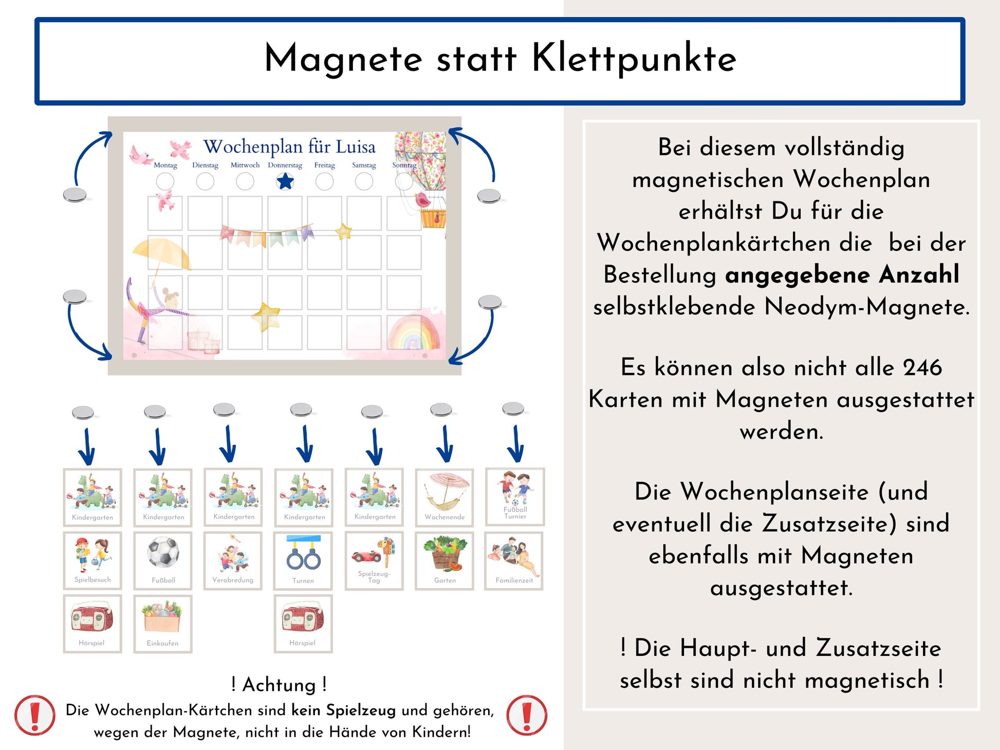 Magnetboard Wochenplan "Ballett" personalisiert für Kinder, 246 Routine Karten, Tagesplan mit 40-80 Magneten, Routineplan mit Bildkarten