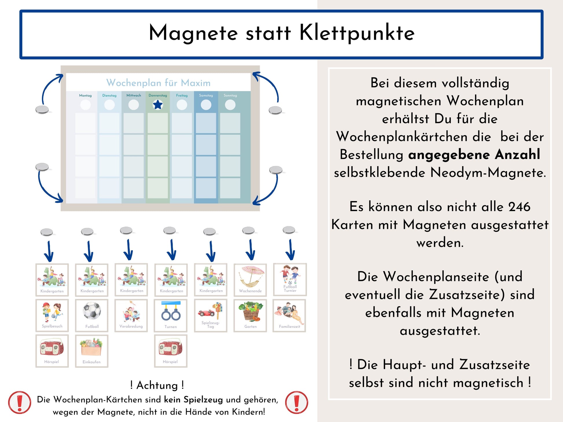 Magnetboard Wochenplan "Wasser und Sand" für Kinder und Teenager, 246 Routine Karten, Neodym-Magnete, Tagesplan für einen entspannten Alltag