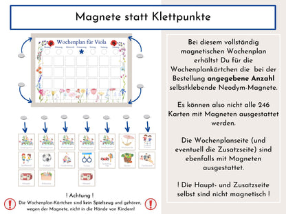 Magnetboard Wochenplan "Blumen" personalisiert für Kinder und Teenager, 246 Routine Karten, 40-80 Neodym-Magnete, Montessori Routineplan