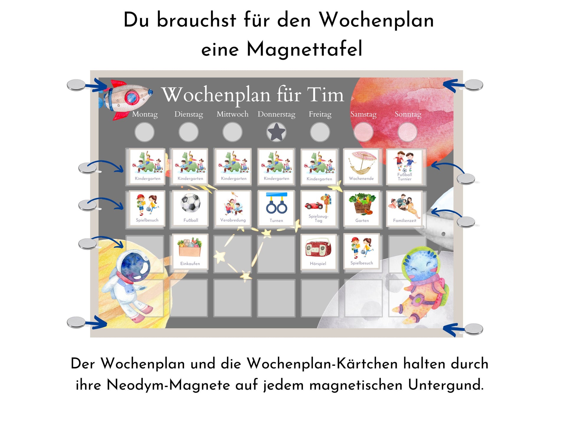 Magnetboard Wochenplan "Universum" personalisiert für Kinder und Teenager, 246 Routine Karten, Tagesplan mit 40-80 Magneten, Routineplan