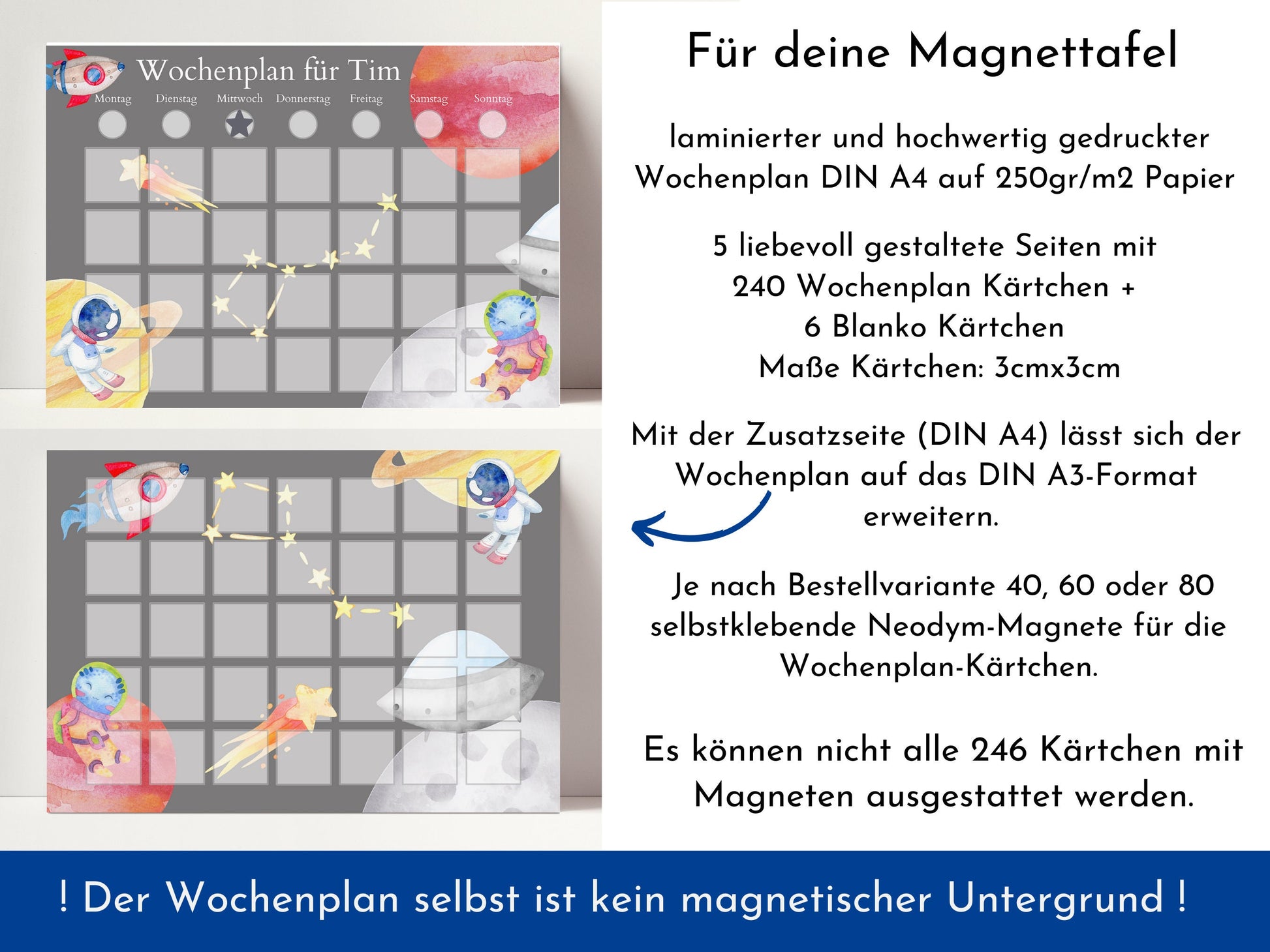 Magnetboard Wochenplan "Universum" personalisiert für Kinder und Teenager, 246 Routine Karten, Tagesplan mit 40-80 Magneten, Routineplan