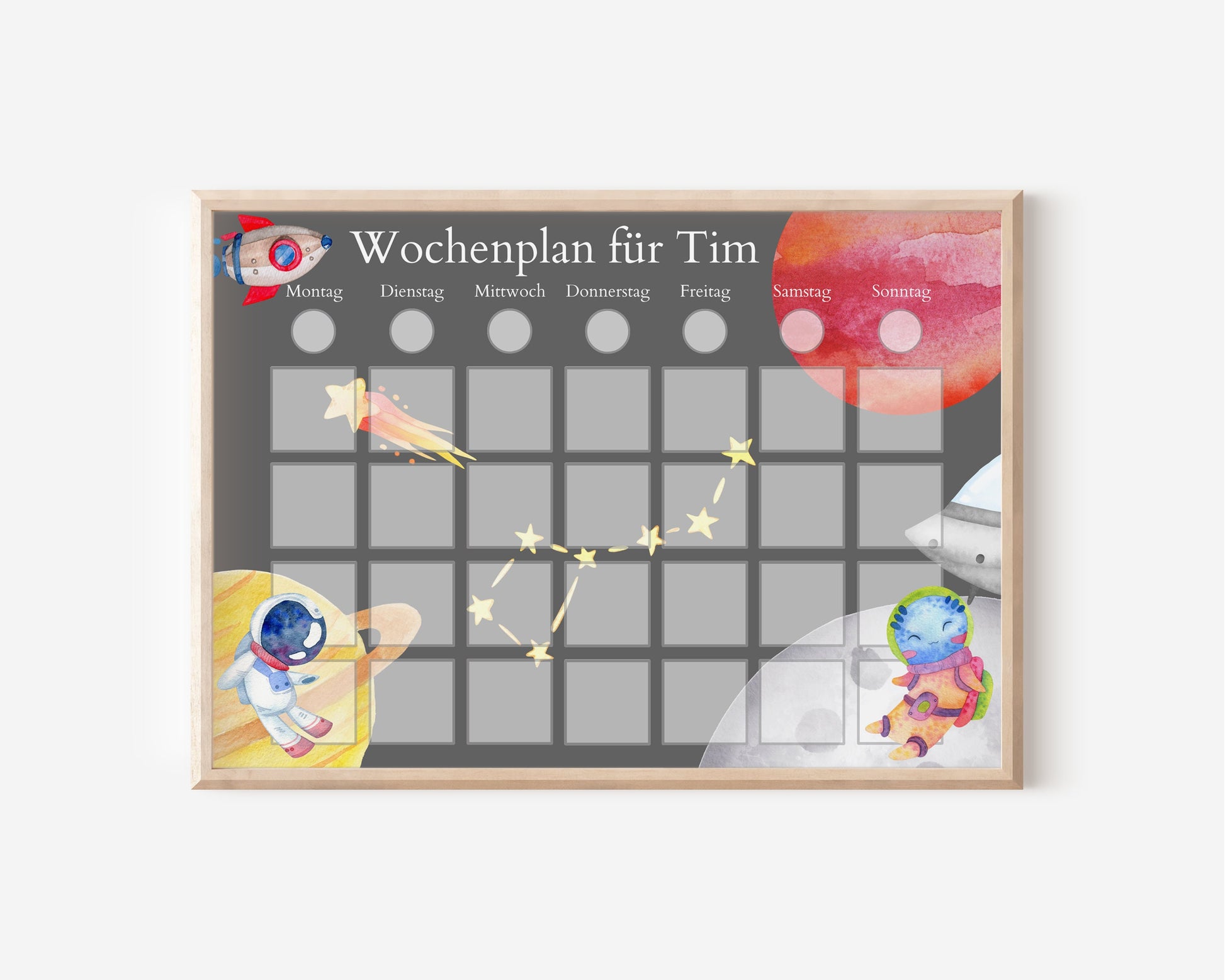 Magnetboard Wochenplan "Universum" personalisiert für Kinder und Teenager, 246 Routine Karten, Tagesplan mit 40-80 Magneten, Routineplan