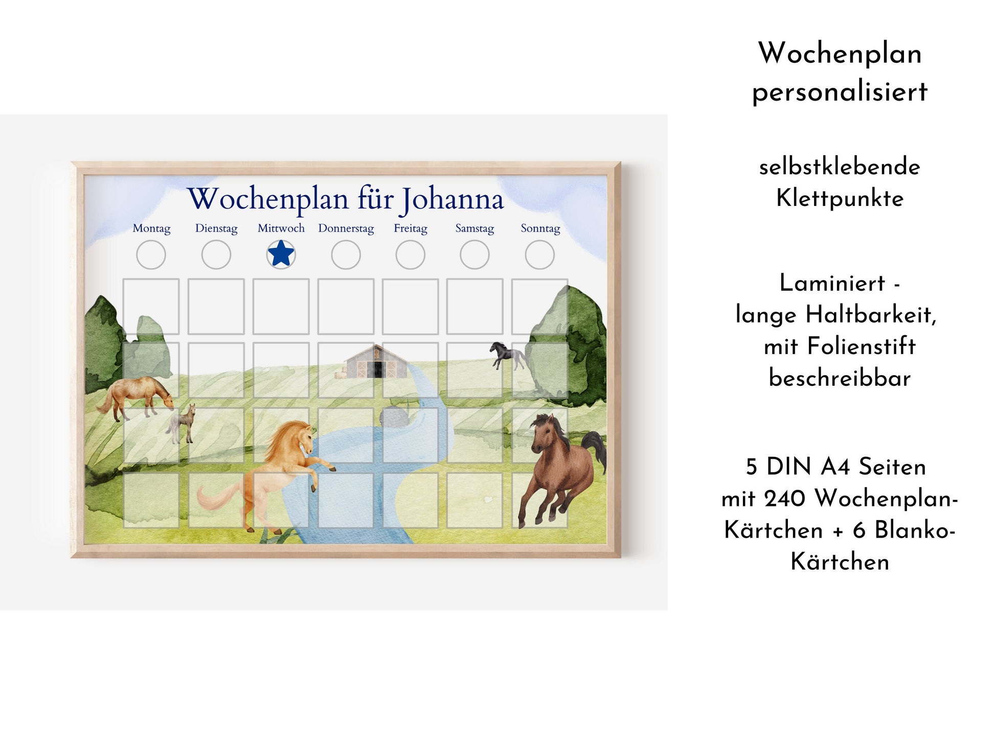 Personalisierter Wochenplan "Pferde" nach Montessori für Kinder mit 246 Routine Karten, Routineplan mit Bildkarten